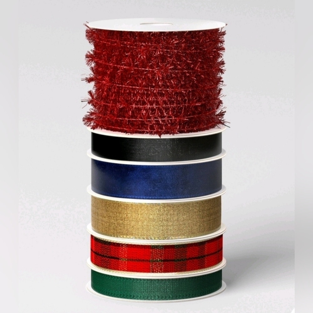 NWT 6 End Fabric Christmas Ribbon 150' Red Green Plaid Gold - Target Wondershop